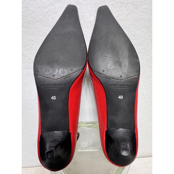 Red Leather Buckle Pumps Pedro Miralles Spain Size 9 Pointed Toe Designer - Picture 5 of 7
